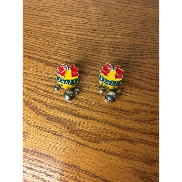 vintage Christmas enamel ornament earrings with jingle bells. - Picture 1 of 2